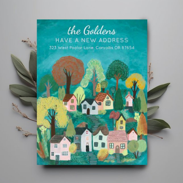 New Home Address Moving Cute Country Village Art Postcard (Moving announcement address change custom postcard with cute charming village illustration. )