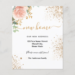New home address rose gold floral moving card flyer