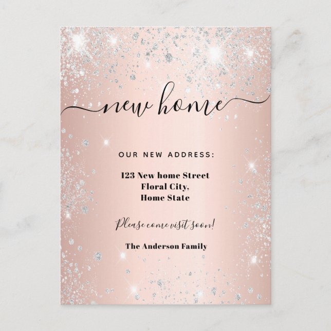New home address rose gold silver glitter announcement postcard (Front)