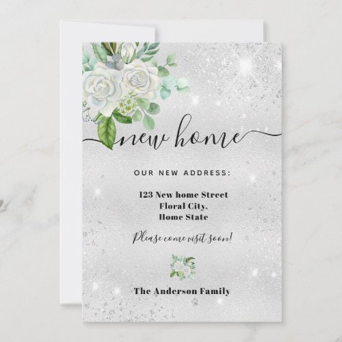 New home address silver floral announcement