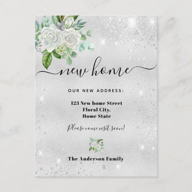 New home address silver floral glitter dust announcement postcard (Front)