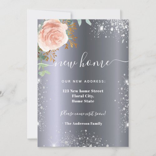 New home address silver floral rose gold glitter announcement