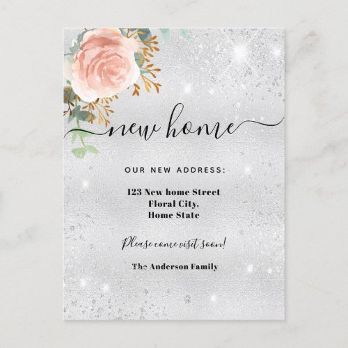 New home address silver floral rose gold glitter announcement postcard