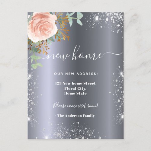 New home address silver floral rose gold glitter announcement postcard