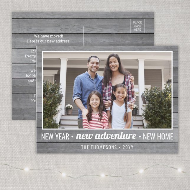 New Home Adventure Gray Wood 1 Photo New Years Holiday Postcard (Creator Uploaded)
