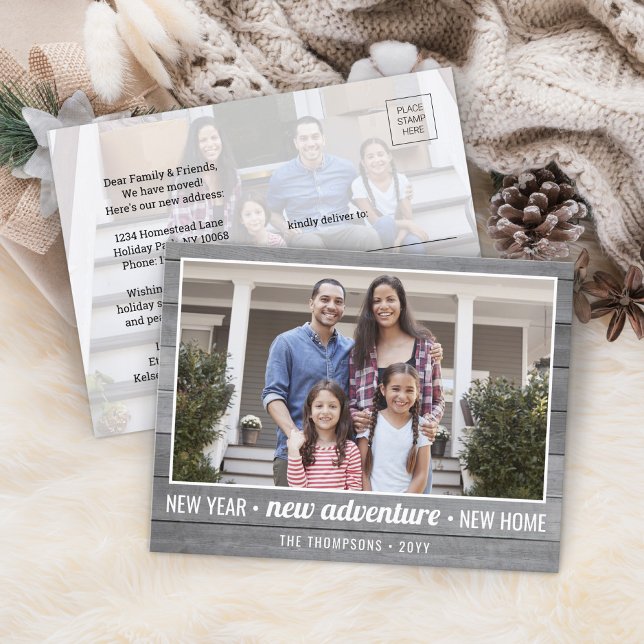 New Home Adventure Gray Wood 2 Photo New Years Holiday Postcard (Creator Uploaded)