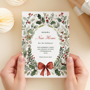 New Home at Christmas Watercolor Wreath and Bow Holiday Card