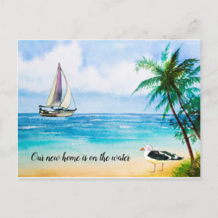New Home Beach Scene Sailboat Palms Moving Announcement Postcard