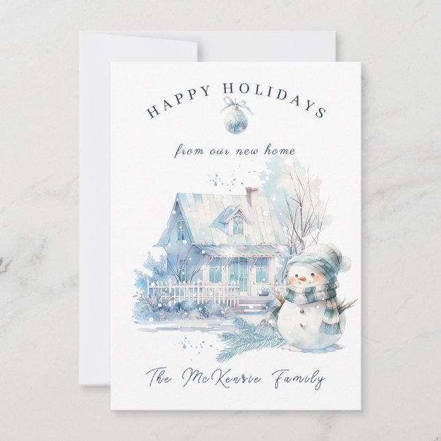 New Home Blue Snowman Christmas Holiday Card (Front)
