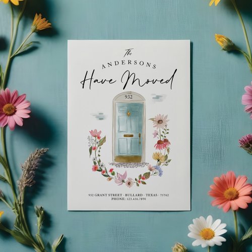 New Home Blue Watercolor Door Wildflower Floral Announcement