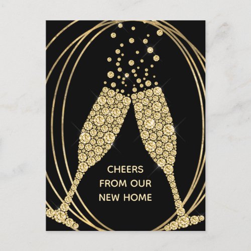 New Home Champagne Black Gold Geometric Moving Announcement Postcard