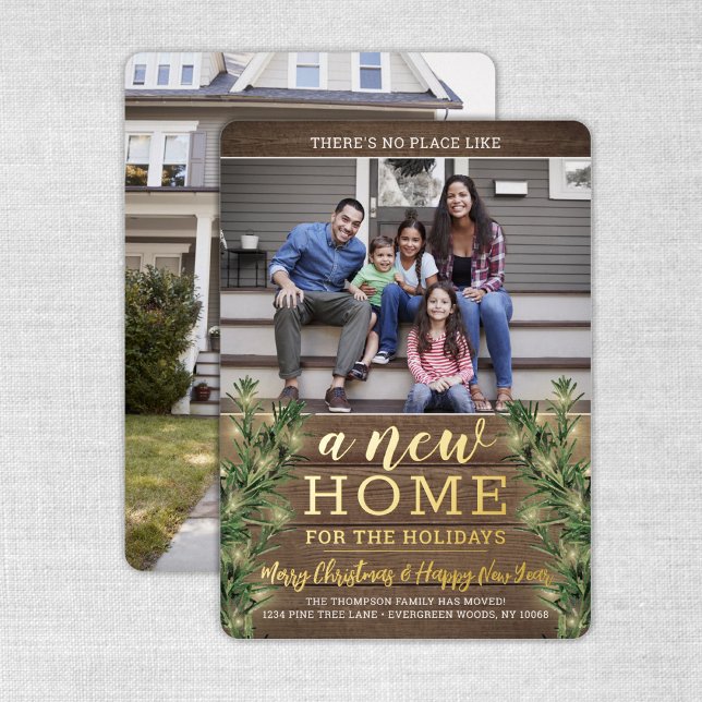 New Home Christmas Greenery, Wood & Lights 2 Photo Foil Holiday Card (Creator Uploaded)