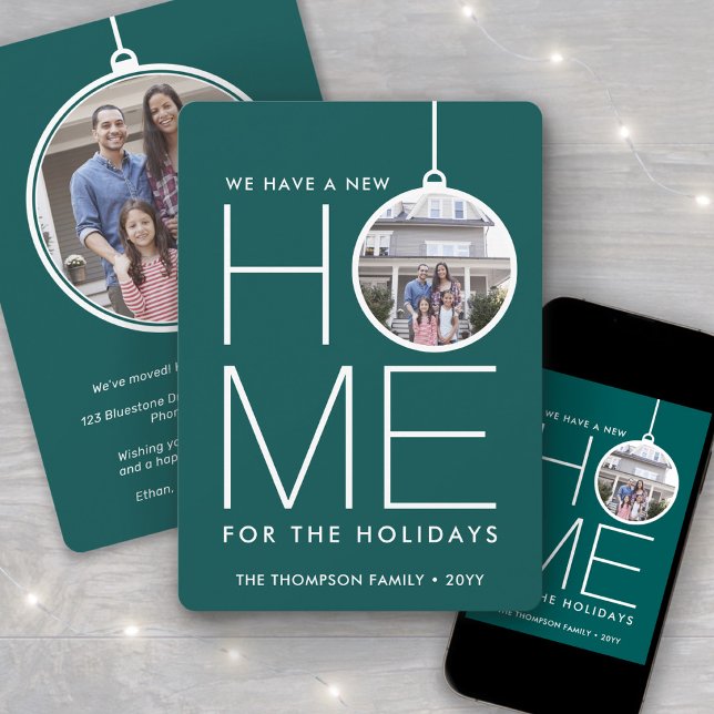New Home Christmas Ornament 2 Photo Teal Green Holiday Card (Creator Uploaded)