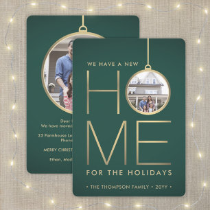 New Home Christmas Ornament Green & Gold 2 Photo Holiday Card