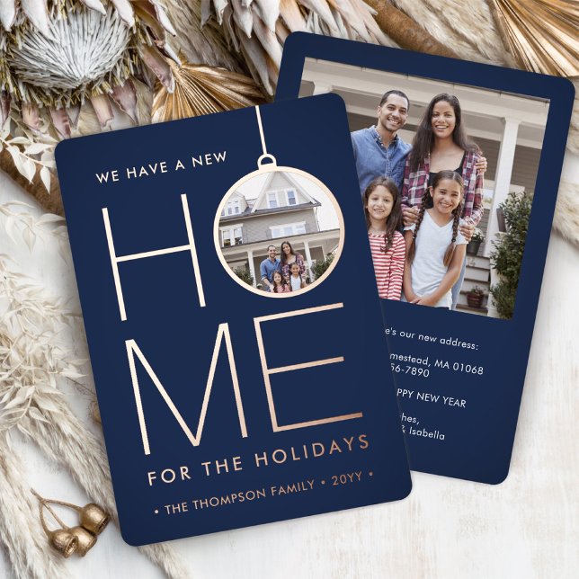 New Home Christmas Ornament Navy Blue 2 Photo Foil Holiday Card (Creator Uploaded)