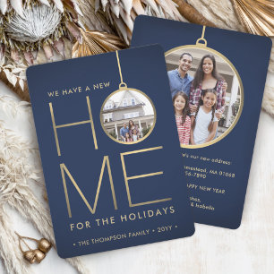 New Home Christmas Ornament Navy & Gold 2 Photo Holiday Card
