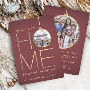 New Home Christmas Ornament Red & Gold 2 Photo Holiday Card