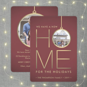 New Home Christmas Ornament Red & Gold 2 Photo Holiday Card