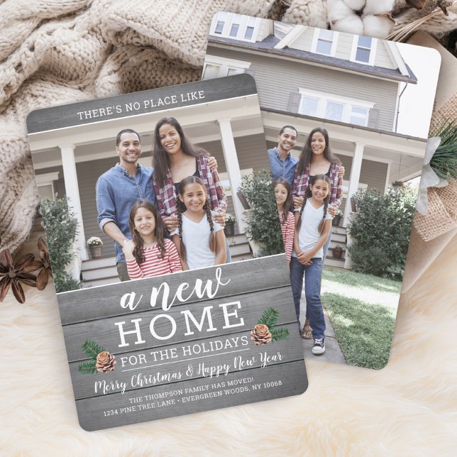 New Home Christmas Pinecones & Gray Wood 2 Photo Holiday Card (Creator Uploaded)