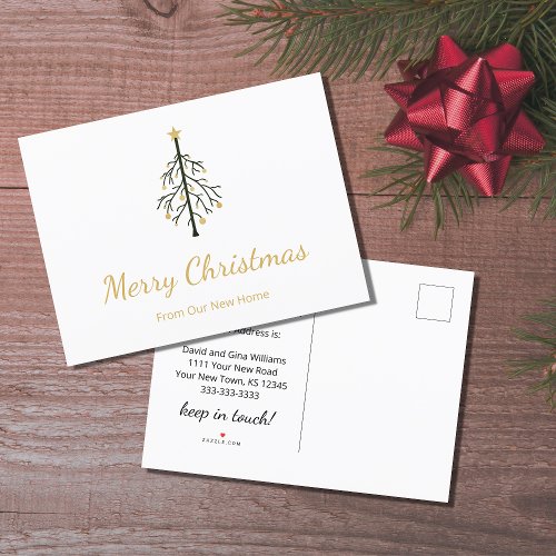 New Home Christmas Tree Gold Script Moving  Announcement Postcard