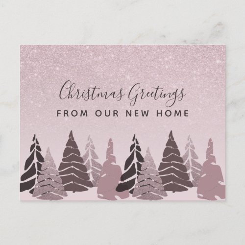 New Home Christmas Trees Rose Gold Holiday Moving Announcement Postcard