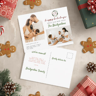 New Home Christmas WreathTwo Photo Family Moving Announcement Postcard