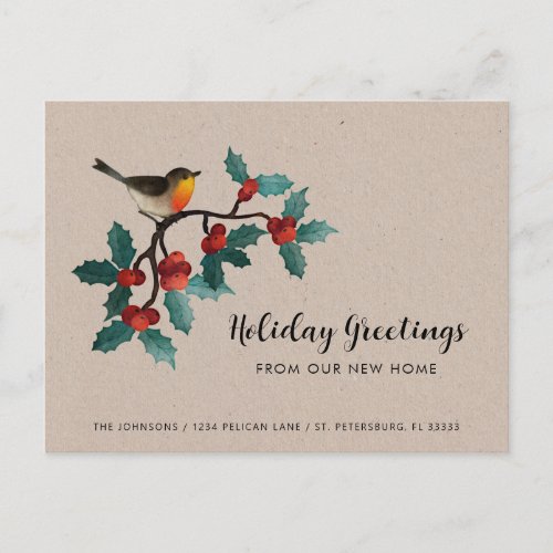 New Home Cute Bird Holly Berries Christmas Moving Announcement Postcard