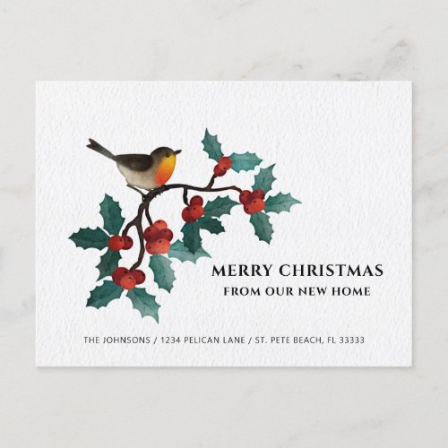New Home Cute Bird Holly Berries Christmas Moving Announcement Postcard