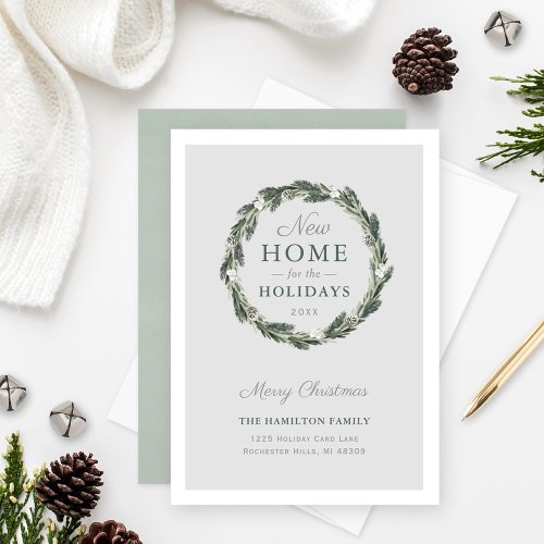 New Home Elegant Neutral Gray Green Pine Wreath Holiday Card
