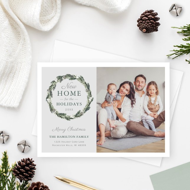 New Home Elegant Neutral Gray Green Wreath Photo Holiday Card (Creator Uploaded)