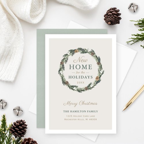 New Home Elegant Neutral Greenery Pine Wreath Holiday Card