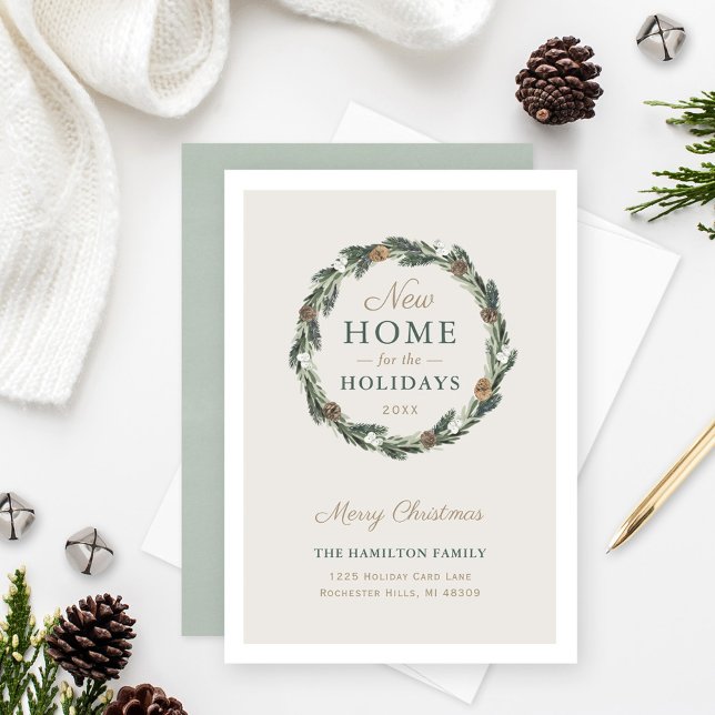 New Home Elegant Neutral Greenery Pine Wreath Holiday Card (Creator Uploaded)