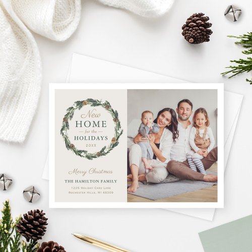 New Home Elegant Neutral Greenery Wreath Photo Holiday Card