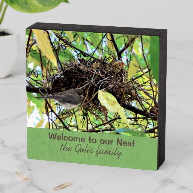 New Home Family Name / Bird Nest Photo  Wooden Box Sign (In Situ Horizontal)