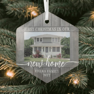 New Home First Christmas 1 Photo Faux Gray Wood Glass Ornament