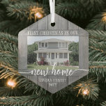 New Home First Christmas 1 Photo Faux Gray Wood Glass Ornament<br><div class="desc">Celebrate the joy of your new place with a custom photo "First Christmas in our New Home" faux grey wood hexagon-shaped glass ornament. Picture and all wording on this template are simple to personalize. (IMAGE PLACEMENT TIP: An easy way to center a photo exactly how you want is to crop...</div>