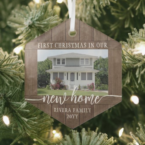 New Home First Christmas 1 Photo Rustic Faux Wood Glass Ornament