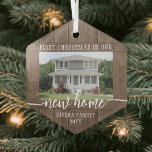 New Home First Christmas 1 Photo Rustic Faux Wood Glass Ornament<br><div class="desc">Celebrate the joy of your new place with a custom photo "First Christmas in our New Home" faux wood hexagon-shaped glass ornament. Picture and all wording on this template are simple to personalize. (IMAGE PLACEMENT TIP: An easy way to center a photo exactly how you want is to crop it...</div>