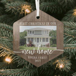 New Home First Christmas 1 Photo Rustic Faux Wood Glass Ornament