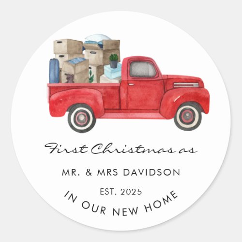  New Home First Christmas As Mr and Mrs Red Truck Classic Round Sticker