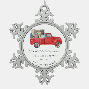 New Home First Christmas As Mr and Mrs Red Truck Snowflake Pewter Christmas Ornament