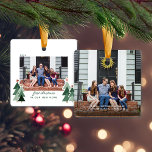 New Home First Christmas Rustic Trees Photo Ceramic Ornament<br><div class="desc">New Home First Christmas Rustic Trees Photo Ornament! Cute, Modern yet Rustic Christmas Holiday Photo Square Ornaments featuring adorable little forests of rustic Christmas trees and Merry Christmas in modern typography. Add 2 of your favorite photos for the perfect ornament! Please contact us at cedarandstring@gmail.com if you need assistance with...</div>