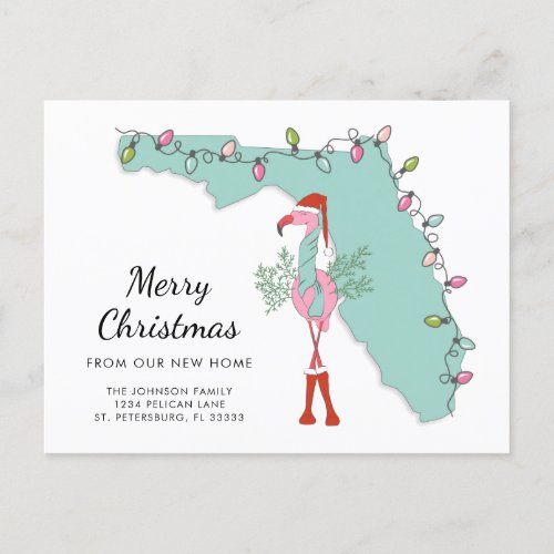 New Home Florida Map Christmas Flamingo Moving Announcement Postcard