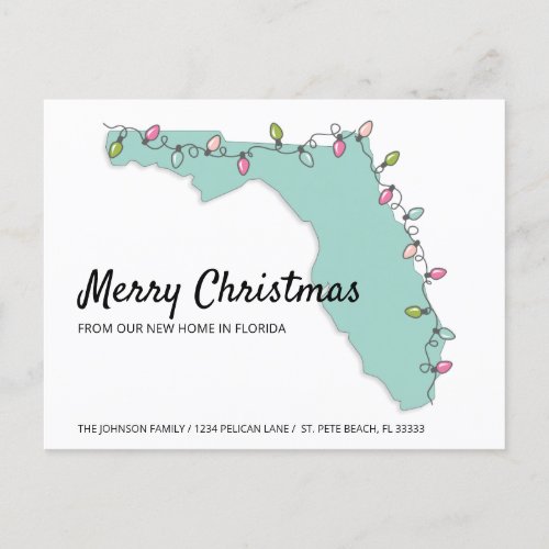 New Home Florida Map Christmas Lights Moving Announcement Postcard