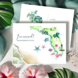 Florida state map navy blue watercolor home moving announcement postcard