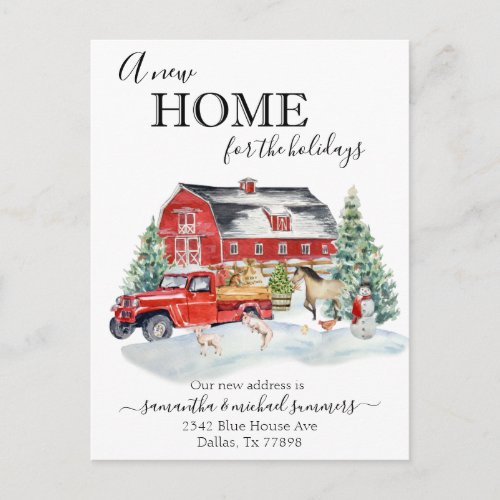 New Home for Holidays Country Barn Watercolor Announcement Postcard