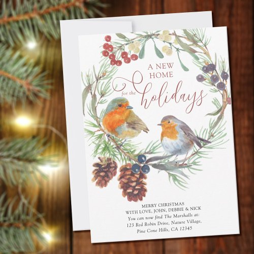 New Home for Holidays Robin and Pine Wreath Moving Announcement