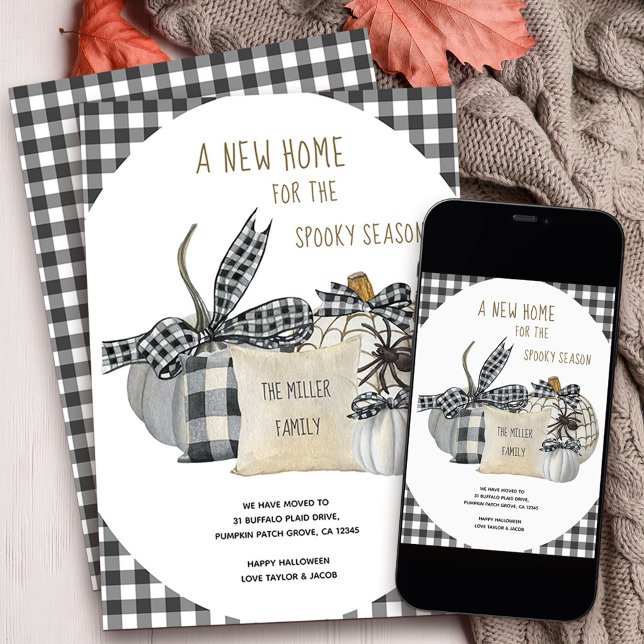 New Home for Spooky Season Farmhouse Halloween Announcement (Stylish halloween themed new address card for fall moving announcements)