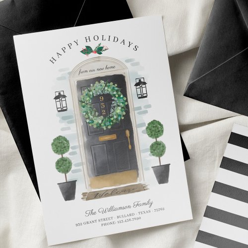New Home For the Holidays Black Watercolor Door Holiday Card