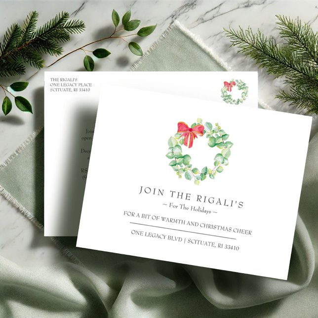 New Home For The Holidays Christmas Invitations (Christmas party invitations postcard open house watercolor wreath Victoria Grigaliunas VG Invites)